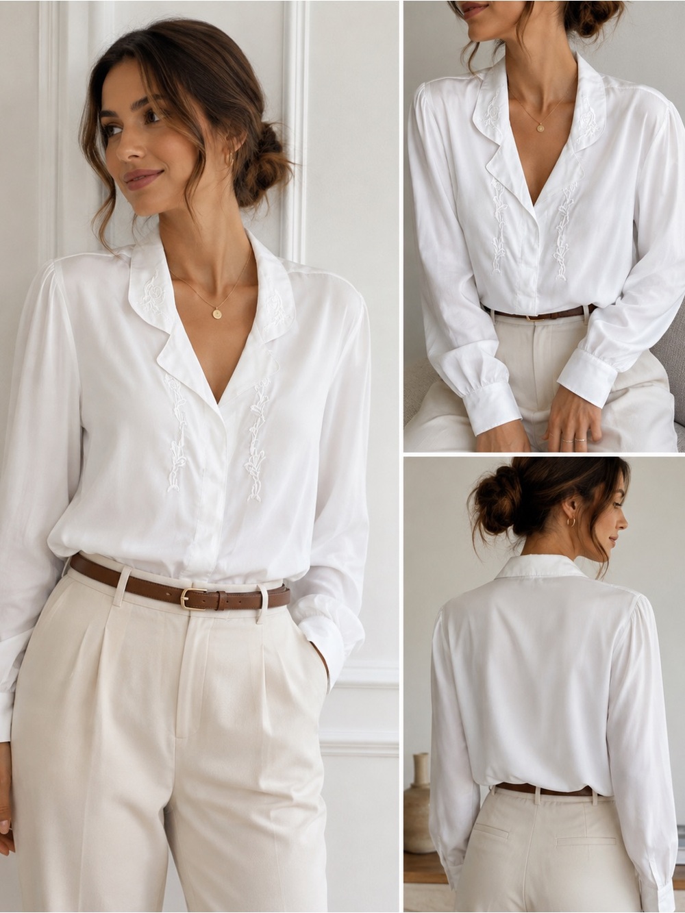 Women's White Embroidered Button-Down Shirt - Classic V-Neck Top